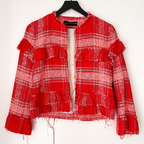 Zara Jackets & Coats Zara Tweed Woven Plaid Suit Jacket Open Front